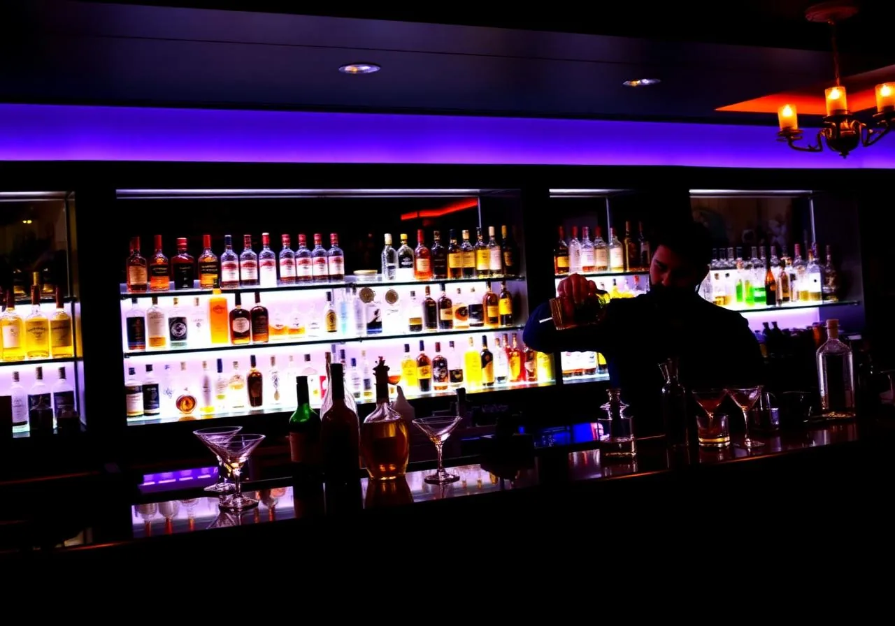 Bar UrEvent — barman i podświetlone półki z butelkami