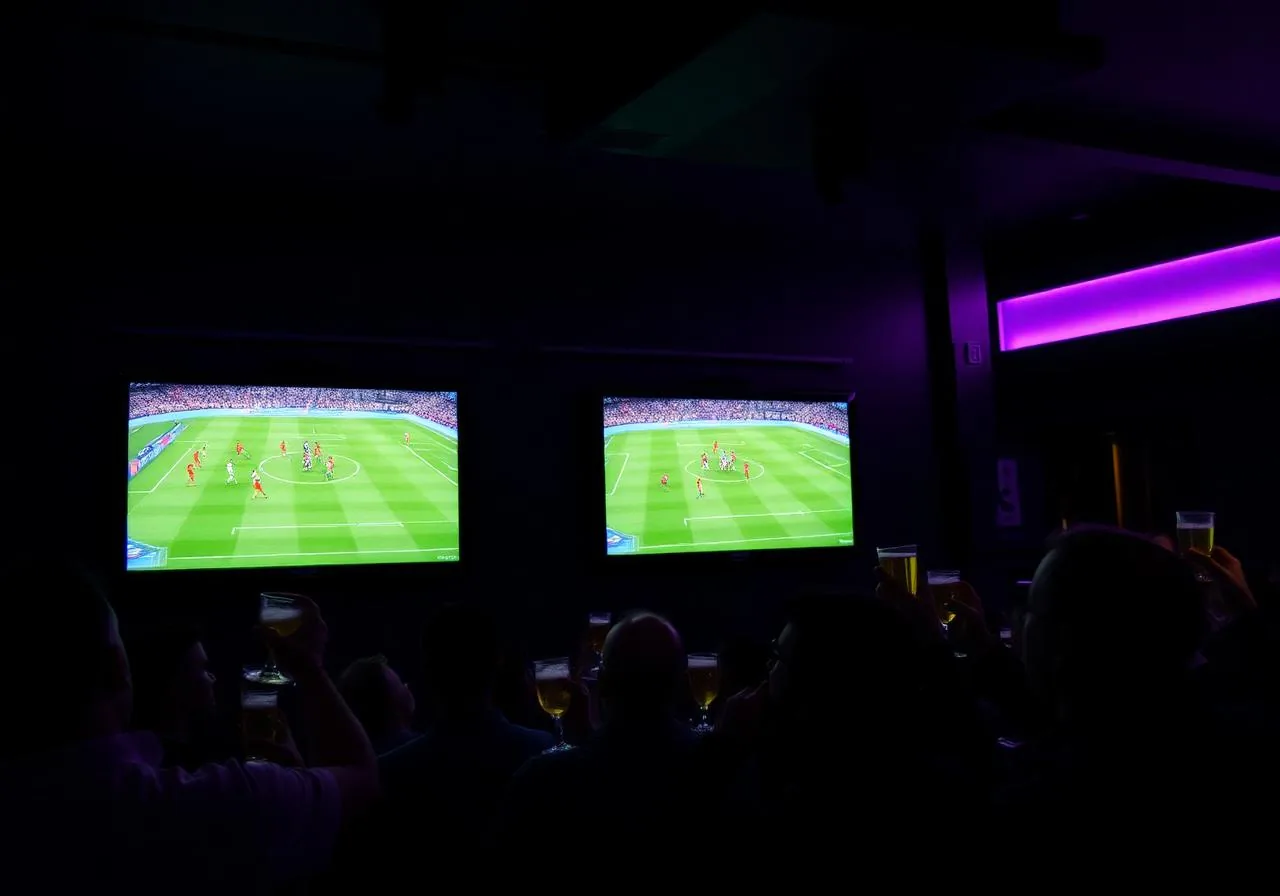 Kibice oglądają mecz piłkarski na ekranach w barze UrEvent