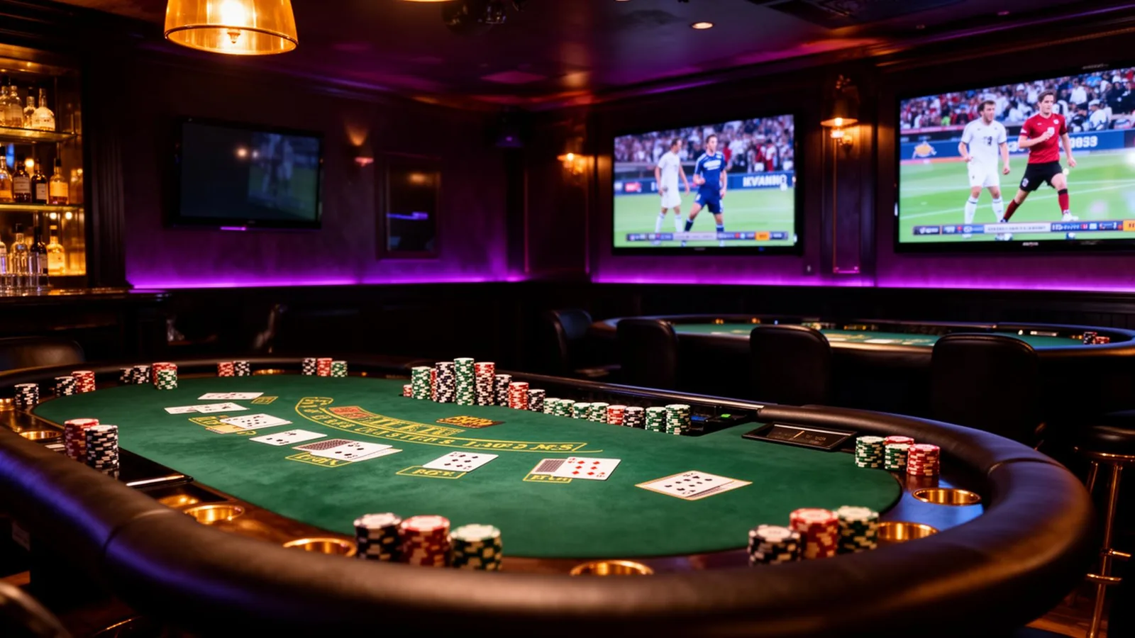 Wnętrze baru UrEvent — stół do pokera i ekrany z transmisją sportową w fioletowym świetle
